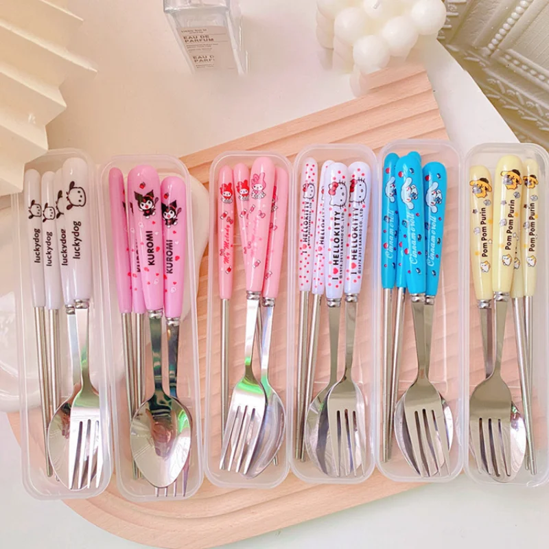 Sanrio My Melody Cinnamoroll Kuromi Hello Kitty Travel Portable Cutlery Set Fork Spoon Student Dinnerware Sets Kitchen Tableware