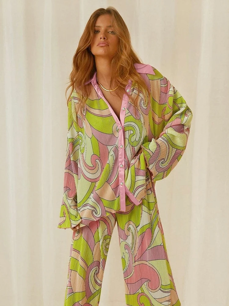

Linad Pattern Women's Home Clothes Pleated 2 Piece Sets Long Sleeve Sleepwear Loose Female Trouser Suits Summer Print 2022