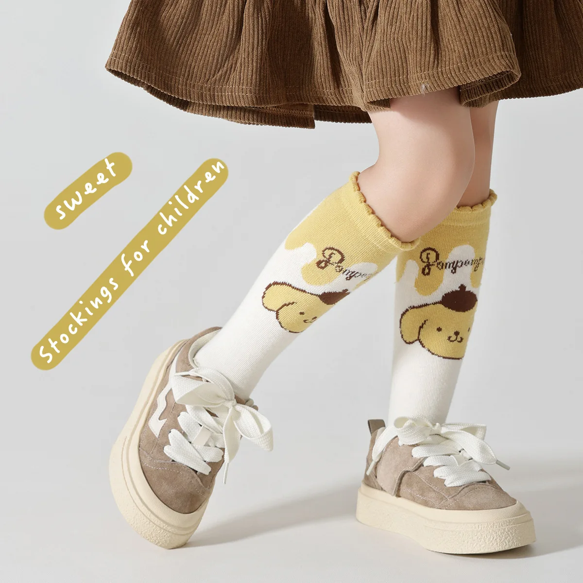Фото 4 пары носков до середины икры Sanrio для девочек с помпонами Purin, носки выше колена, детские носки до середины икры с героями мультфильмов на весну и осень, подарок №5