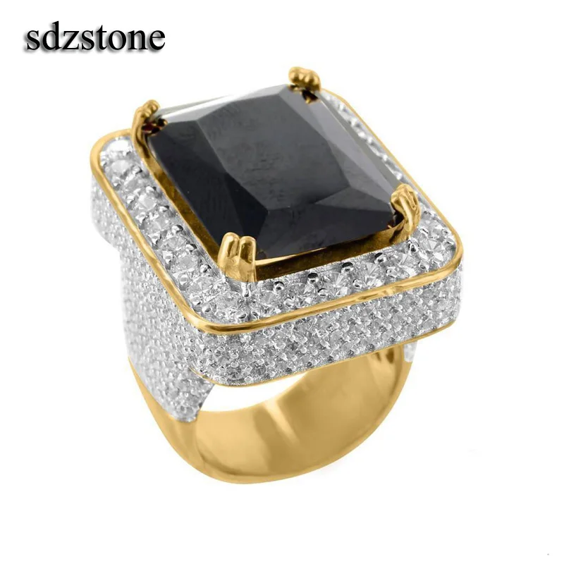 

2022 high quality big black square stone hip hop bling mens wedding engagement fashion ring for men