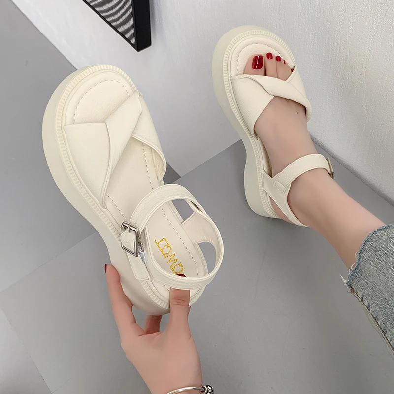 

Med Comfort Shoes for Women Clogs Wedge Muffins shoe Buckle Strap Roman Sandals Summer Heels Suit Female Beige All-Match Espadri