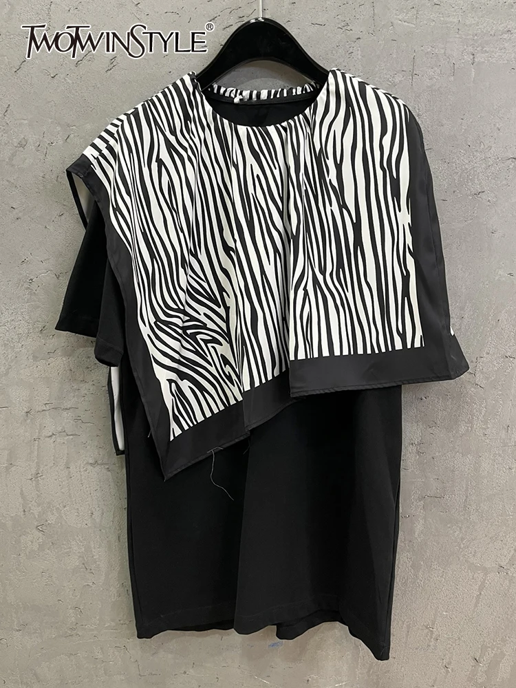 

TWOTWINSTYLE Loose Patchwork Colorblock T Shirt For Women Round Neck Short Sleeve Oversized T-shirts Female Clothing Summer New