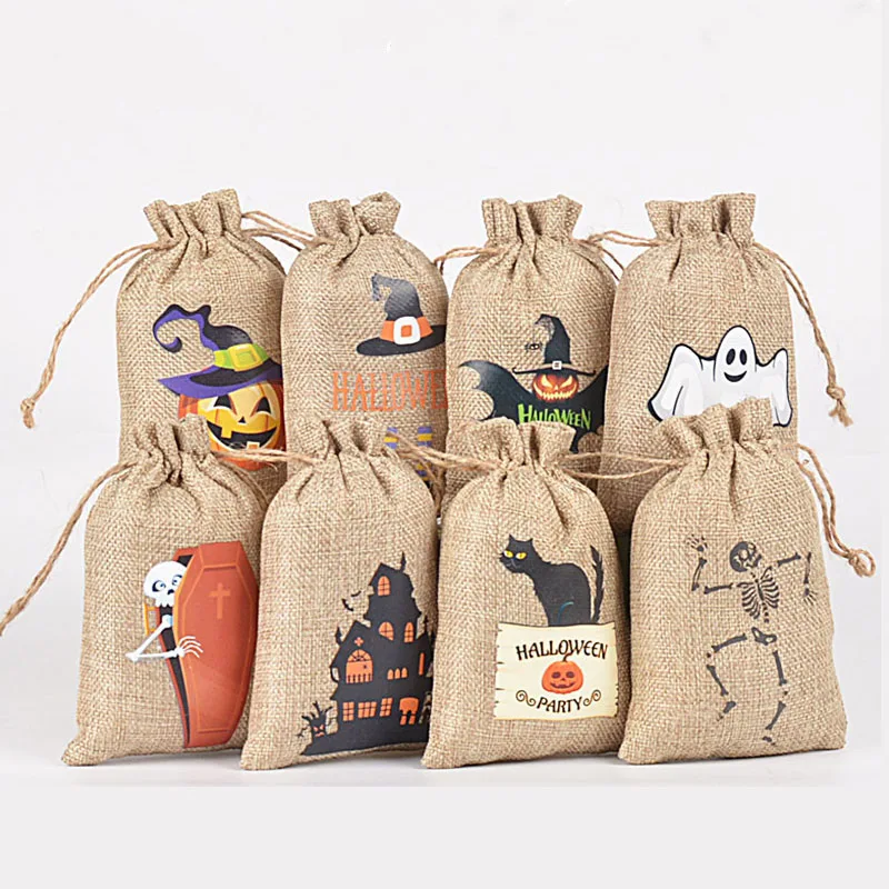 

Halloween Linen Pumpkin Gift Bag Black Cat Castle Ghost Festival Store Bags Pumpkin Bat Skull Trick Or Treat Kids Gift Package