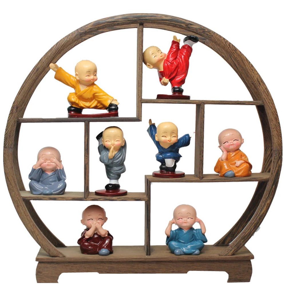 

Домашний декор, маленькая Статуэтка монахи кунг-фу с деревянной круглой выставочной полкой, статуя Будды 8 монахи, украшения для дома, ремес...