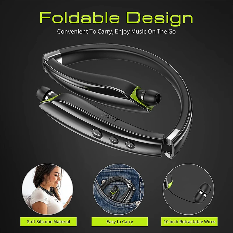 Neckband Bluetooth Headset Wireless Retractable Headphones Foldable Earbuds Noise Cancelling Hifi Stereo Sound With Carry Case images - 6