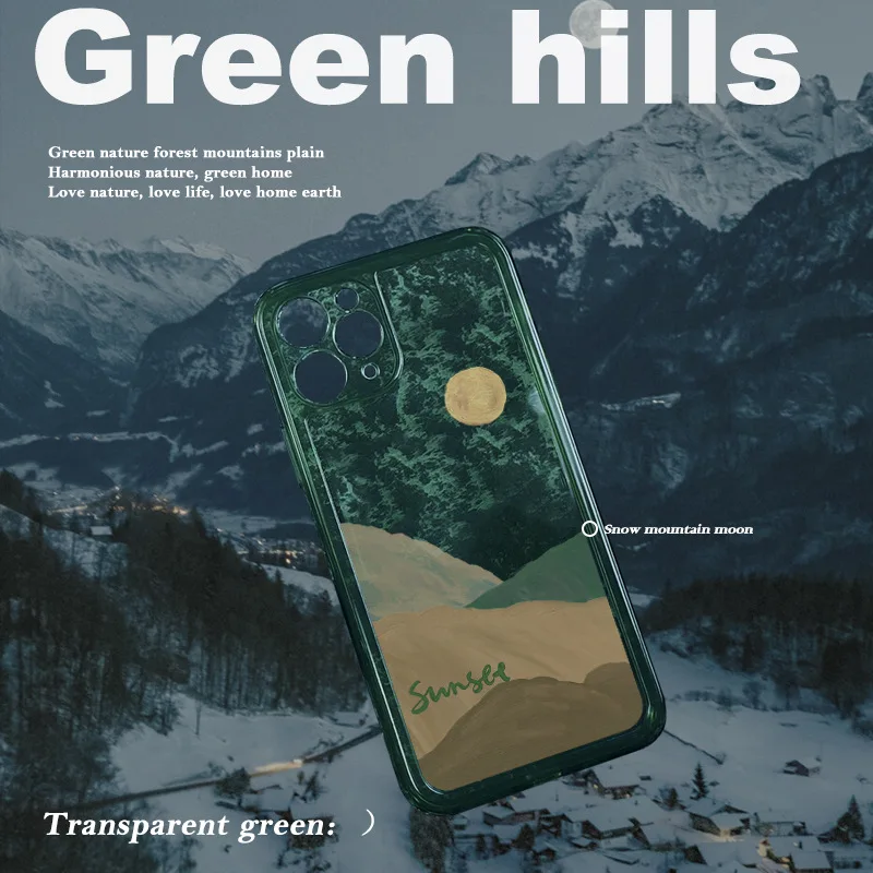 Green Hills Transparent Summer Breeze Phone Case For iPhone 13 12 11 Pro Max TPU Emerald Colored Drawing Cartoon Back Coveri