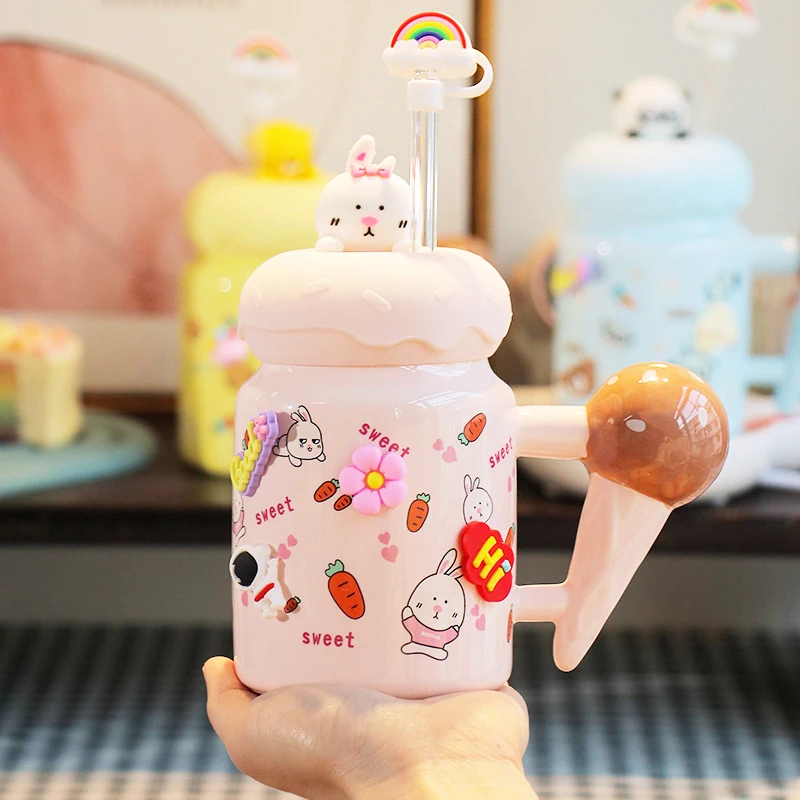 

Кружка с крышкой и ложкой, креативная чашка, керамическая чашка для девочек, Офисная чашка для питья, чашка для любителей кофе 450 мл