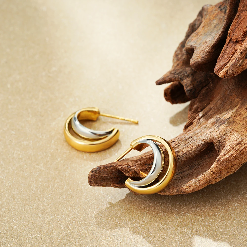 Женские двойные круглые серьги-кольца винтажные золотистые/Серебристые из