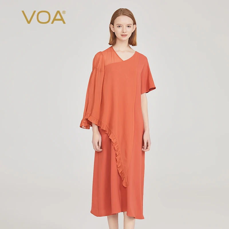 

(Fans Exclusive Discount) VOA Orange Heavyweight Silk Dresses Women V-Neck Asymmetric Short Sleeve Loose Fit Silk Dress AE2062