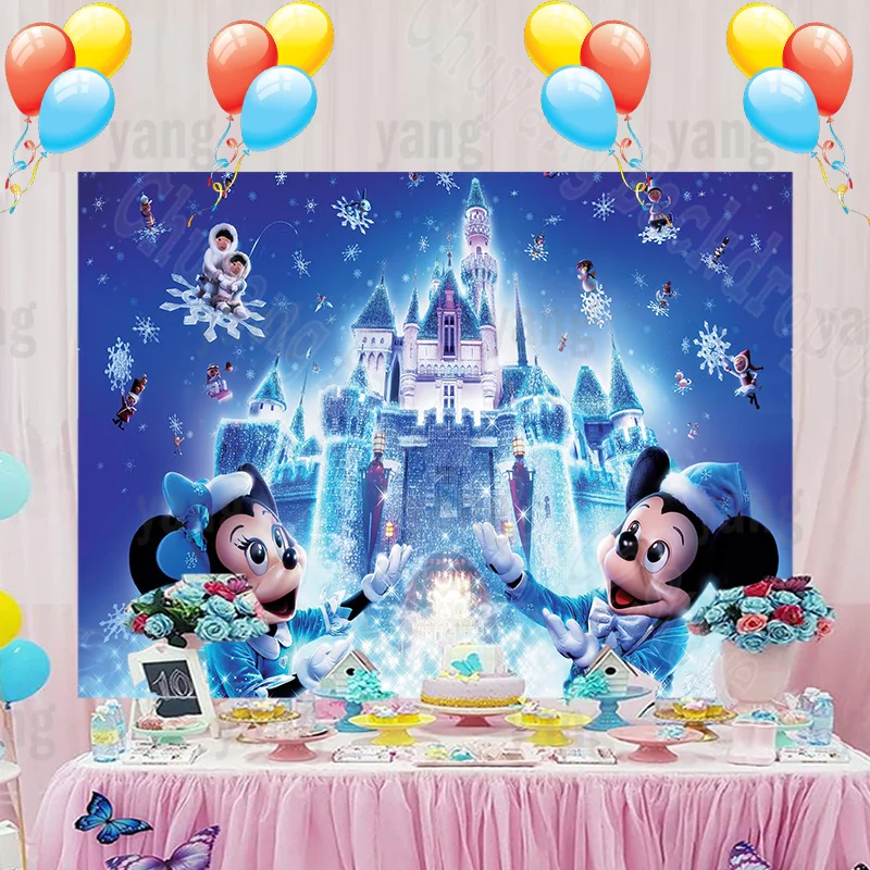 Cartoon Snowflake Happy New Year Backdrop Lovely Minnie Mickey Mouse Toys Ice Castle Party Photography Backgrounds Decoration enlarge