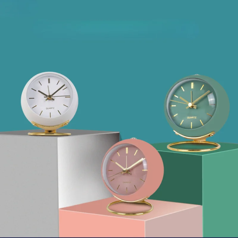 

Nordic Creative Metal Alarm Clock Light Luxury Table Decor Luminous Bedside Silent Quartz Watch Students Wake Up Alarm Clocks
