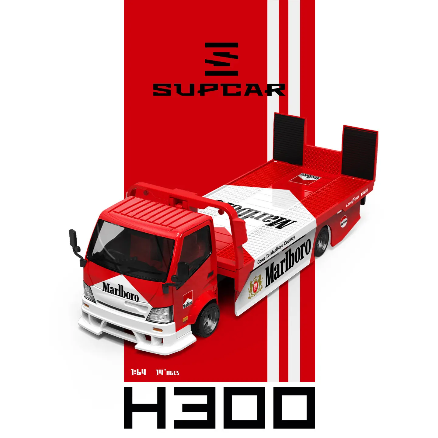 Новая модель грузовика-эвакуатора SUPCAR SC 1:64 Marlboro H300 с платформой-прицепом, коллекционная литая модель из сплава, игрушка (art.: 3920dc0ee1995) - 3920dc0ee1995