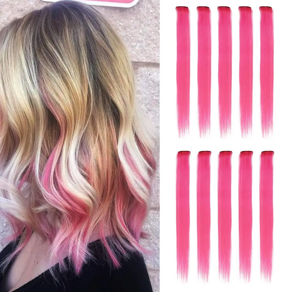 Hair Piece 10 Pcs/pack Hair Clip Rainbow Hair Streak Pink Synthetic Hair Strands On Clips