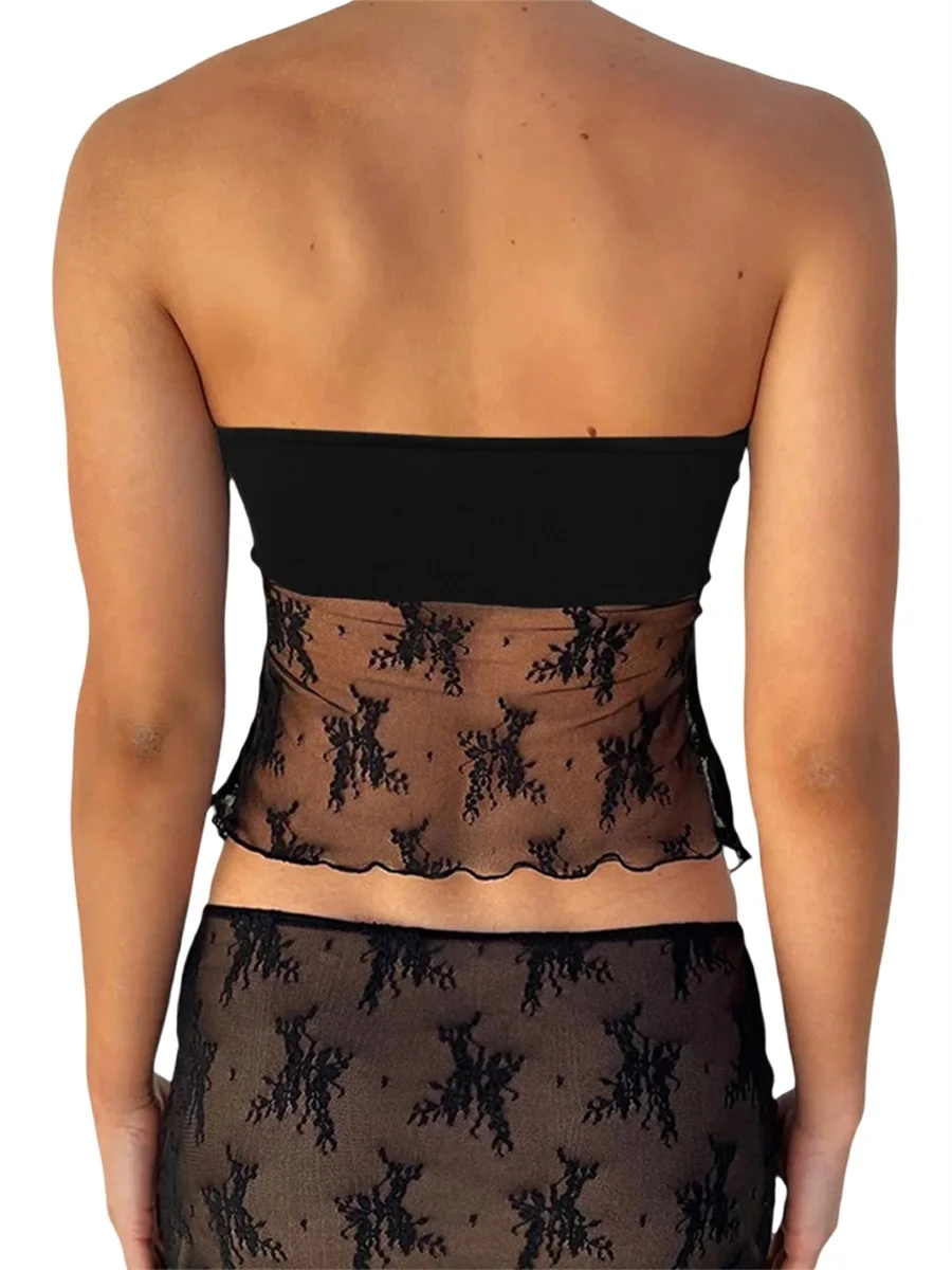 Женский укороченный топ-бандо с кружевной отделкой и рюшами сетчатый прозрачный