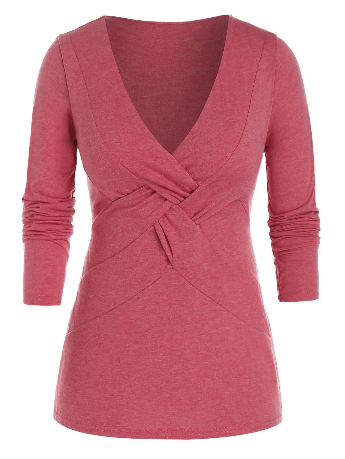 

Plus Size Plunge Long Sleeve Cross Tee Plunging Solid Women Casual Cleavage Tops Fall