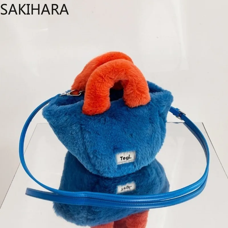 

2023 New Arrive Fashion Korean Furry Designer Soft All Match Patchwork Contrast Color Mini Tote Bags Casual Bolsas De Mujer