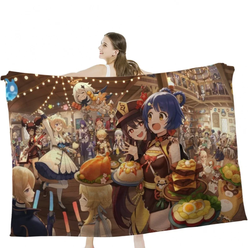 

Genshin Impact Characters Chibi Assemble Throw Blankets Soft Velvet Blanket Camping ,Travel Bedding Blanket