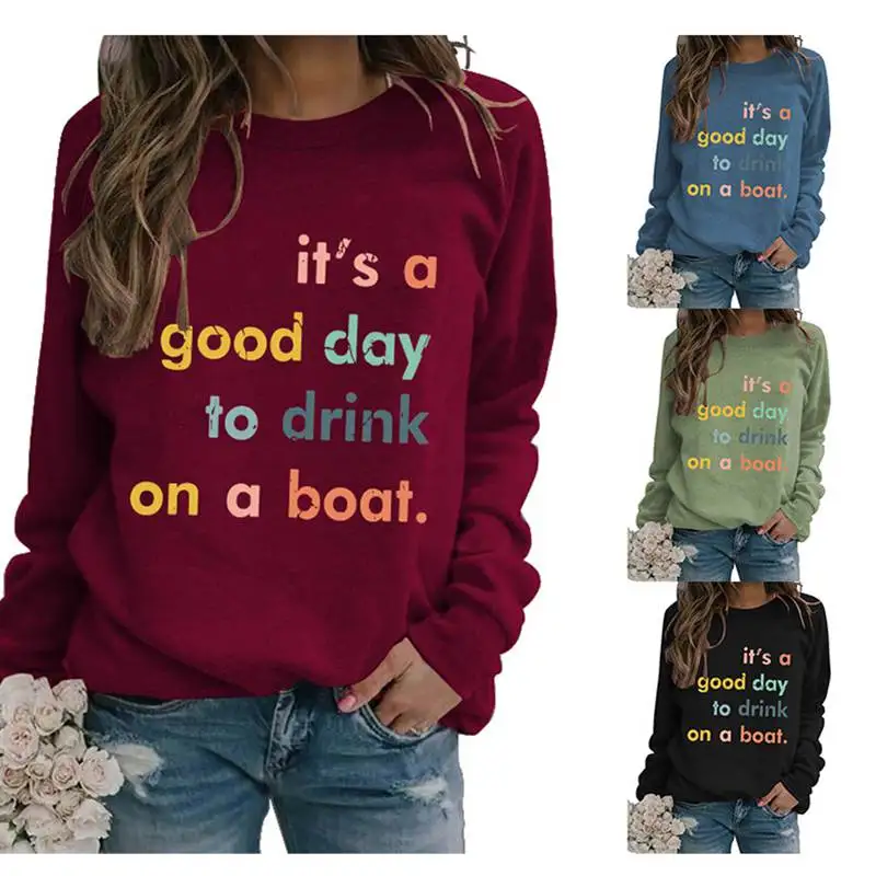 2022 new spring and autumn women's clothing It'sagoodday print top casual retro round neck pullover fashion sweater