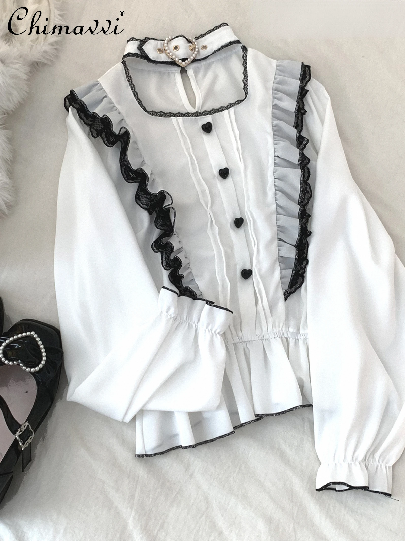 

Fashion Neckline Pearl Heart Chiffon Shirt 2023 Autumn Clothes New Lolita Long Sleeve Blouse Sweet Elegance Blusas De Mujer