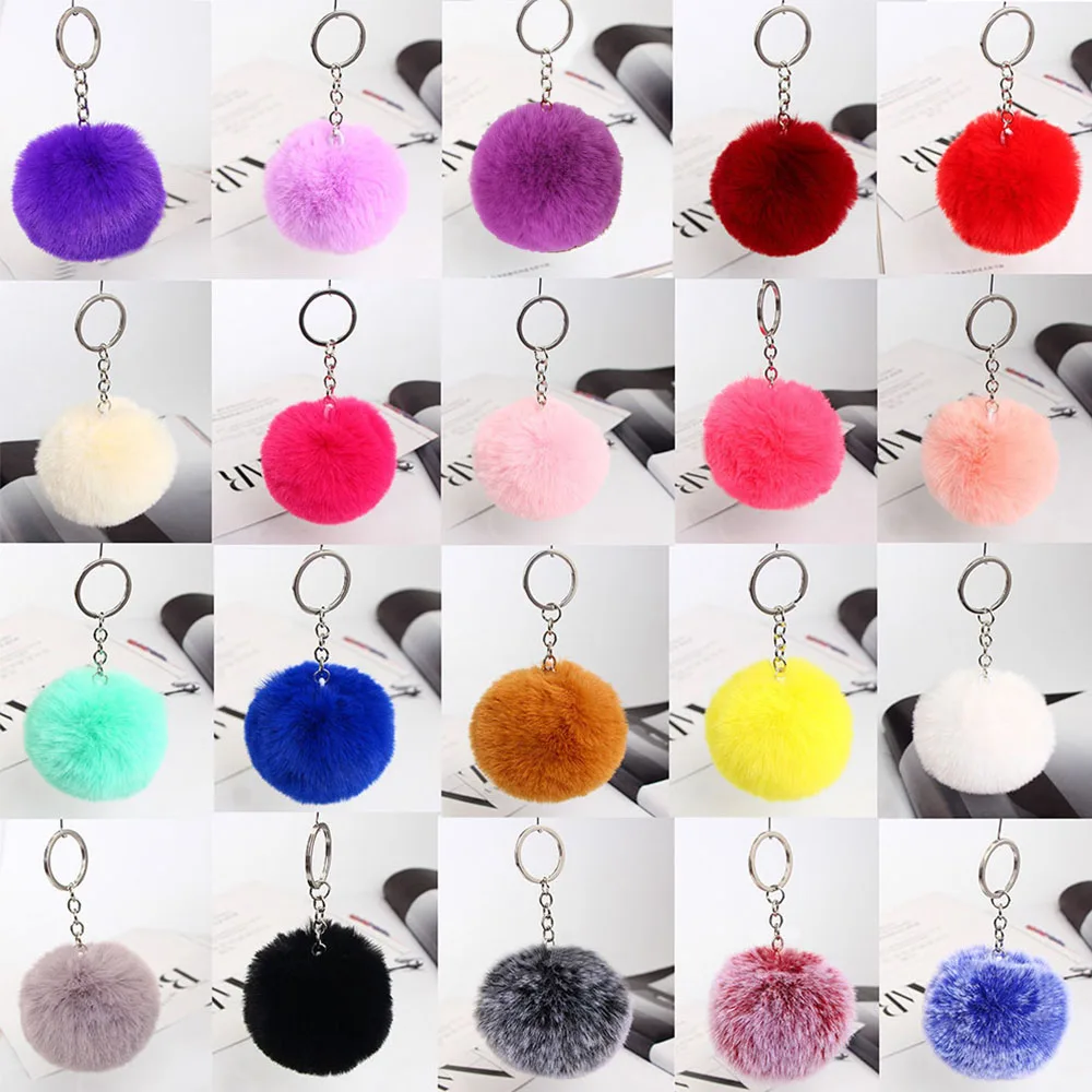 

Fluffy Fur Pom Pom Ball Pendant Keychains Cute Plush Leather Key Chain for Car Key Ring Car Keychain Bag Pendant