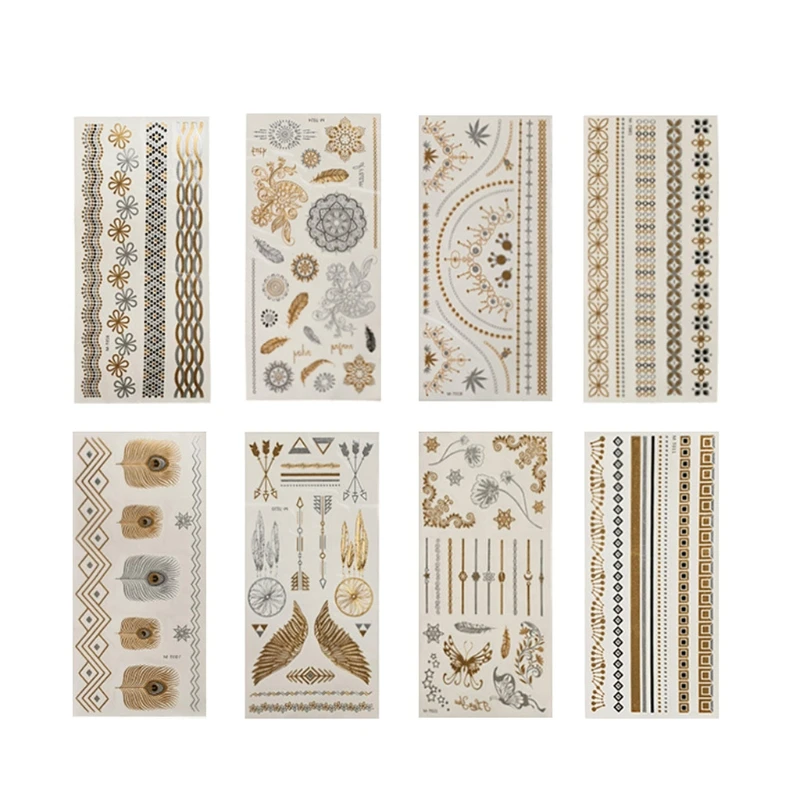 

Q1QD 8 Sheets Bohemian Vintage Metallic Tattoo Stickers Waterproof Temporary Glitter Flash Mandala Flower Butterfly Body Art for