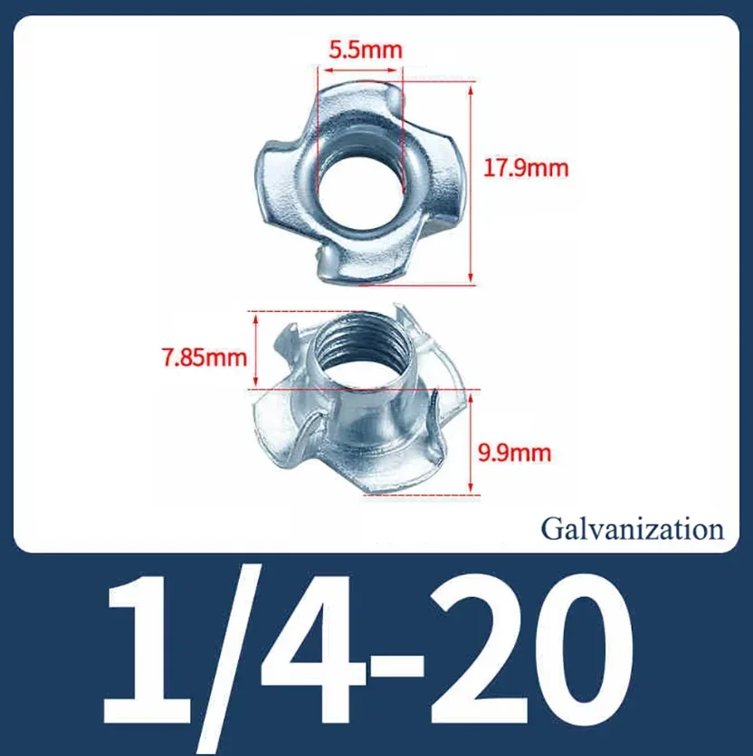 

Оцинкованные гайки с четырьмя когтями 1/4-20, четырехточечные ударные гайки из углеродистой стали, вставная Т-образная гайка для фурнитуры для деревянной мебели
