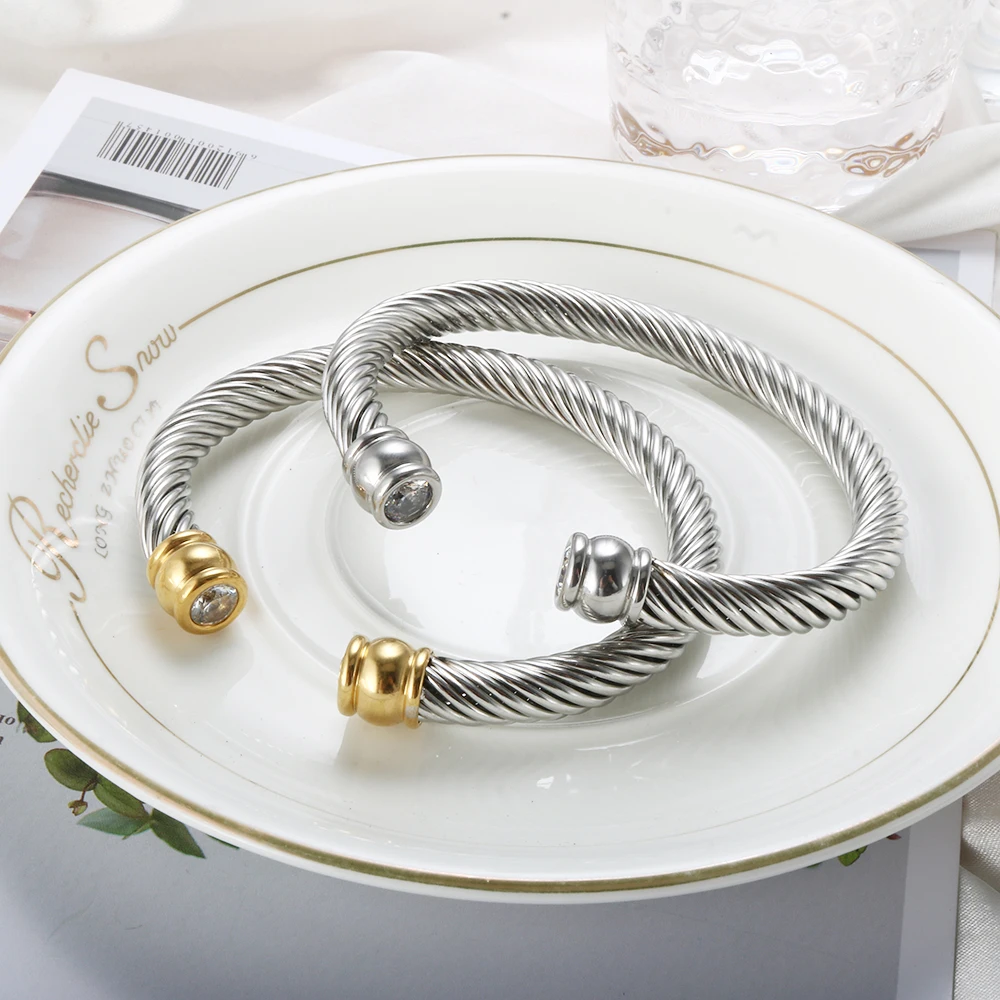 

New Fashion Jewelry Luxury Cuff Bangle Cubic Zircon Crystal CZ Bracelet for Women Stainless Steel Interweaving Bracelet Jewelry
