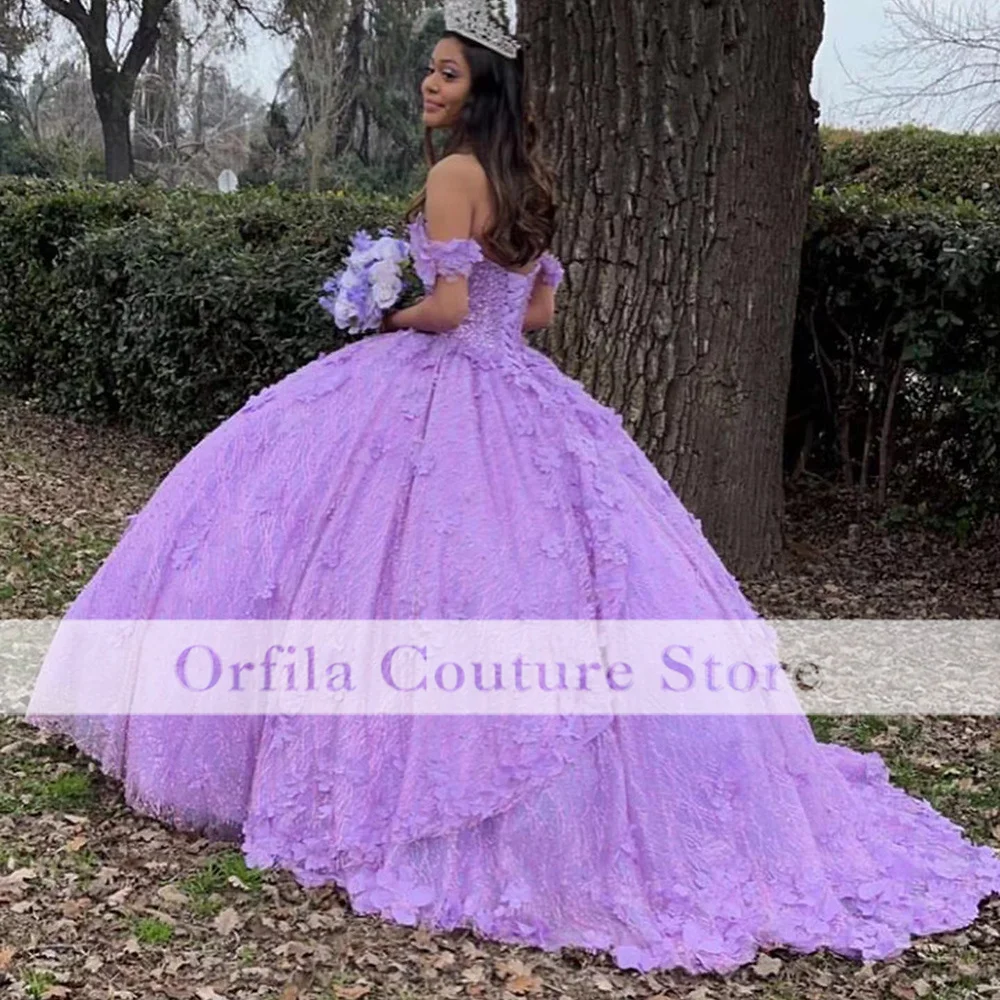 Фото Фиолетовое мексиканское платье Quinceanera 2022 с цветочной аппликацией и блестками, милое бальное платье 16, платье для выпускного вечера, платье д... №2