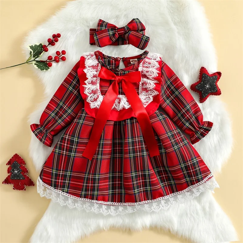 

2 Pieces Kids Baby Girls Suit Set Christmas Plaid Lace Trim Round Neck Long Sleeve A-Line Dress+ Headband 6 Months-4 Years