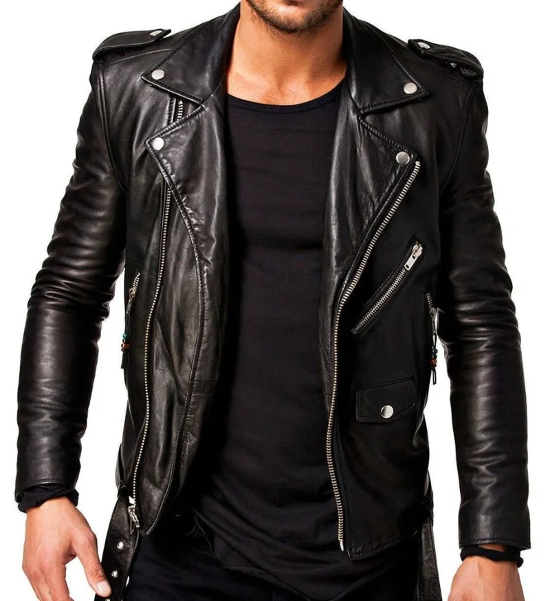 Mens Real Leather Jacket Black Slim Fit Biker Genuine Motorcycle Leather Jacket European and American Fashion Trends