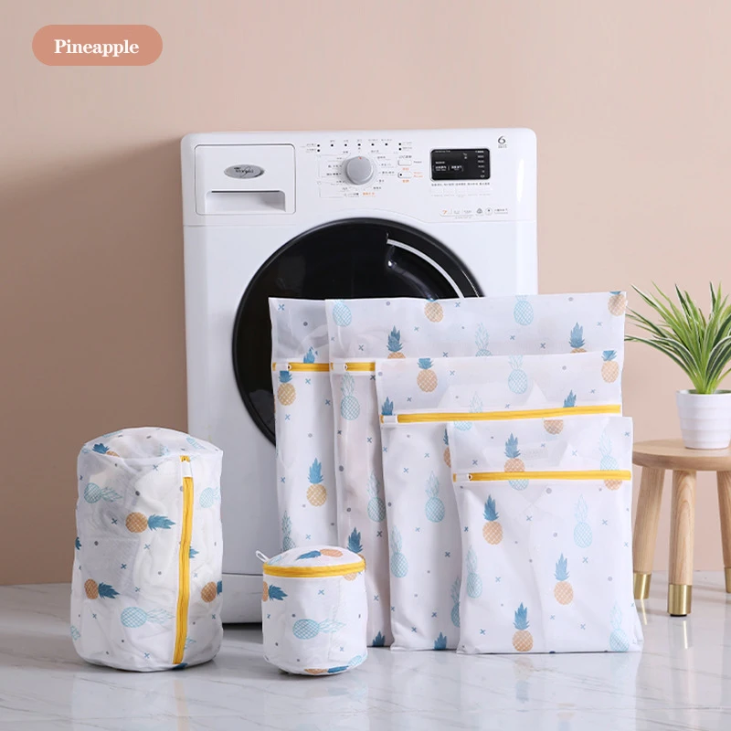 

Polyester Mesh Laundry Bag Zip Mesh Bag Blue Leaves Pineapple Cactus Print Laundry Bag For Dirty Laundry Bra Bag Print