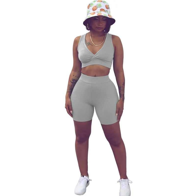 

Women tracksuits sporty V-neck tank top and shorts two pieces short sets 7579