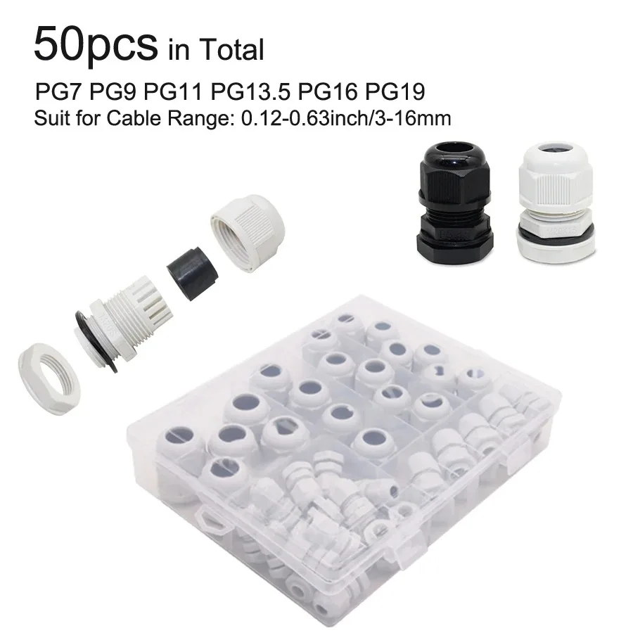 

50pcs Waterproof Cable Gland Plastic Cable Joints Nylon Black Cable Fixing Connector PG7 PG9 PG11 PG13.5 PG16 Thread With Gasket