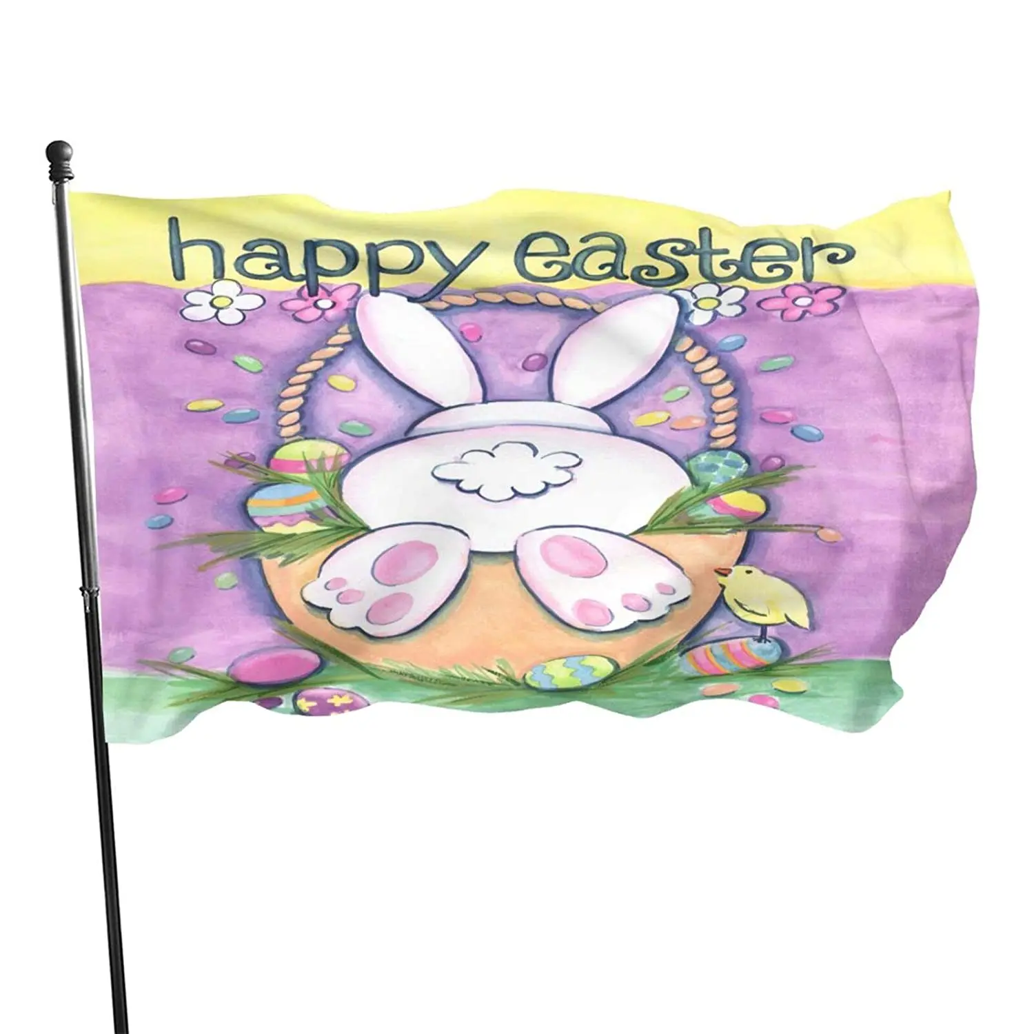 

Happy Easter Bunny Basket Eggs Flag Polyester Banner with Grommets, Garden Yard House Flags Indoor and Outdoor Sport Decoration