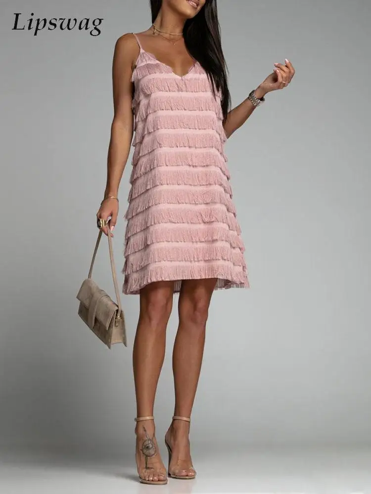 

Женское модное однотонное клубное мини-платье с бахромой, элегантное вечернее платье с двойным V-образным вырезом, пикантное свободное пляж...