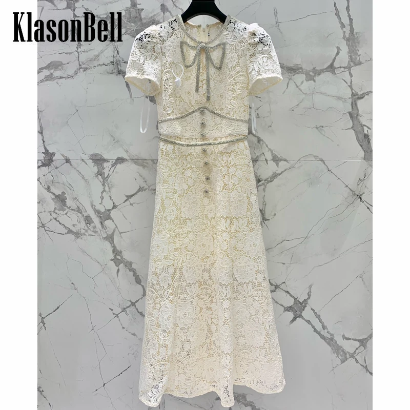 

6.30 KlasonBell Elegant Heavy Industry Rhinestone Bow Short Sleeve Lace Hollow Out Embroidery Slim Midi Dress Women