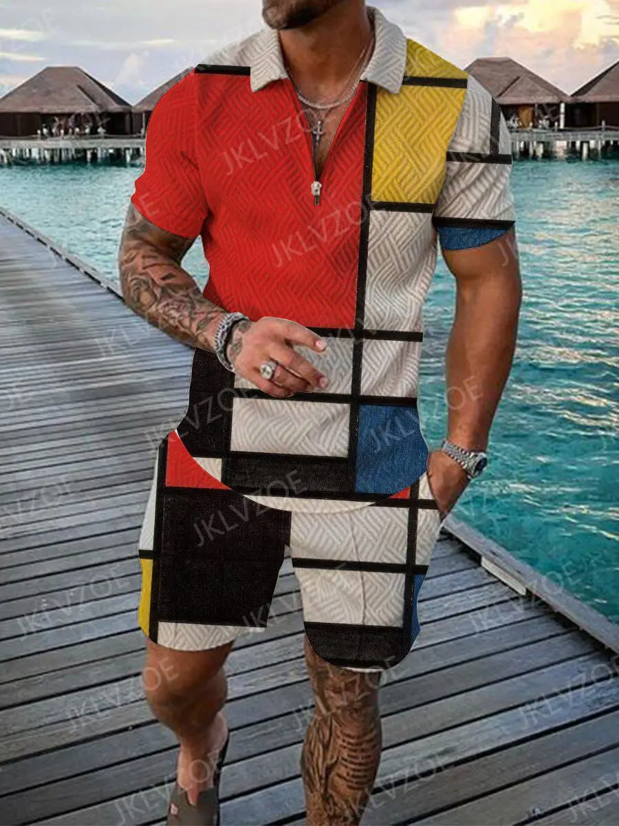 Men's Zipper Polo Shirt+Shorts 2Piece Set Vintage T Shirt Lapel Tees New Short Sleeve Outfits Man Clothes Tops Pants Suit