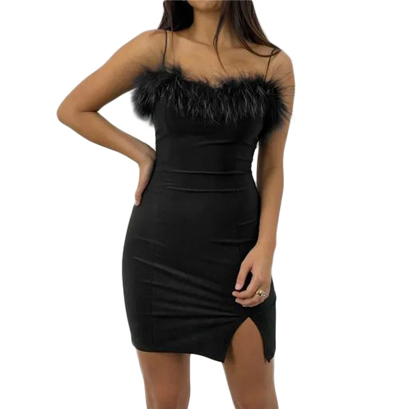 

Women Elegant Spaghetti Strap Black Dress Sexy Feather Splicing Side Split Sleeveless Slim Hip Bodycon Party Club Summer 2022