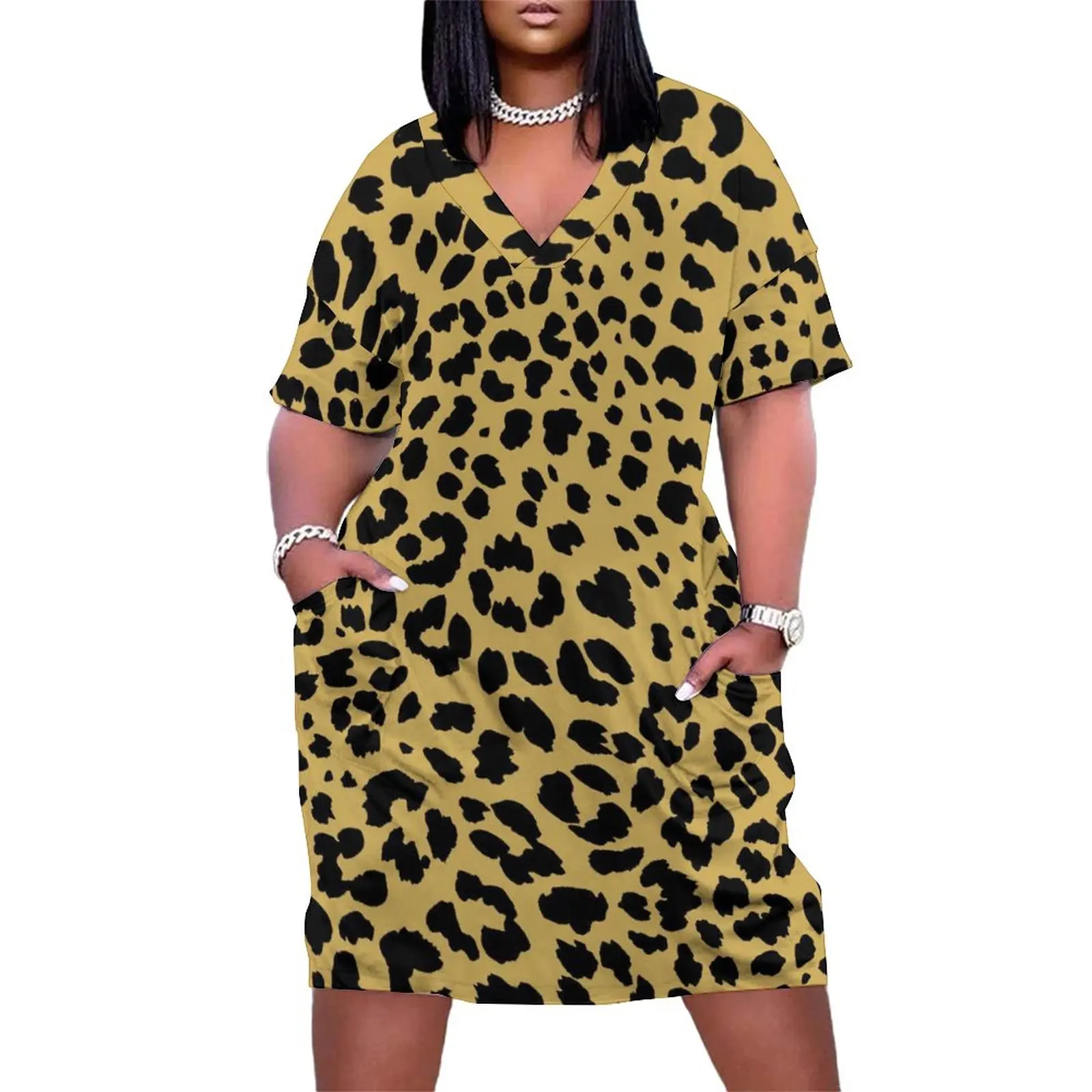 Trendy Leopard Dress Plus Size Classic Animal Print Streetwear Casual Dress Woman Summer V Neck Cute Dresses Gift Idea