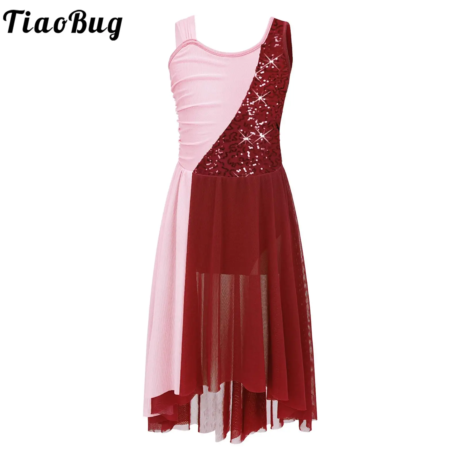 

Kids Girls Lyrical Dance Performance Costume Sleeveless Sequins Flowy Mesh Tulle Dress Leotard Modern Contemporary Dancewear