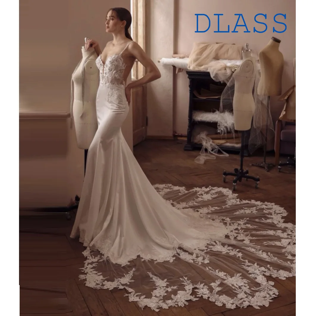 

2023 Mermaid Sweetheart Neck Satin Lace Wedding Dresses with Appliques Sweep Train Sexy Spaghetti Straps Backless Bride Gowns