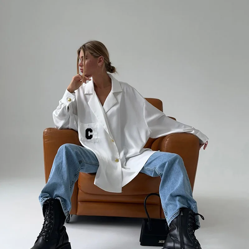 2023 Женская модная Свободная рубашка с длинным рукавом и воротником в пригородном