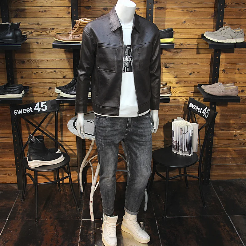 Мужская кожаная куртка с лацканами в стиле ретро Jianou модная молодежная Pu Shuai
