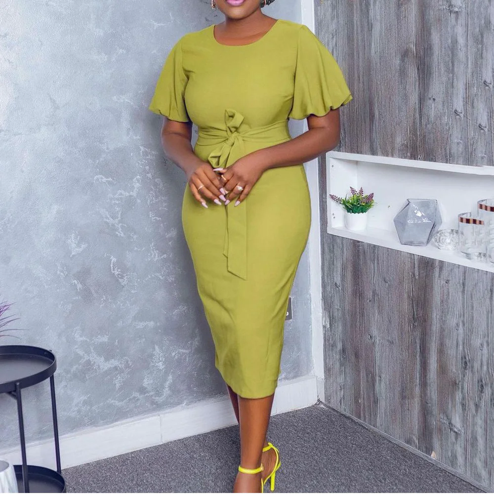 

Женское облегающее платье с коротким рукавом, элегантное офисное платье до середины икры с круглым вырезом и высокой талией