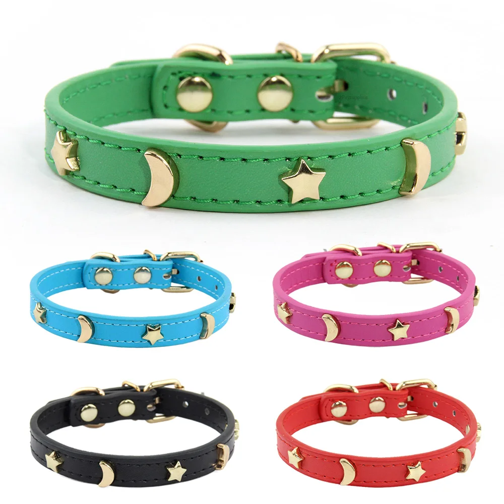 

Cute Cat Collar Soft Leather Pet Collars For Small Dog Kitten Puppy Necklace Cat Accessories Star Moon Rivets Decoration XS-M