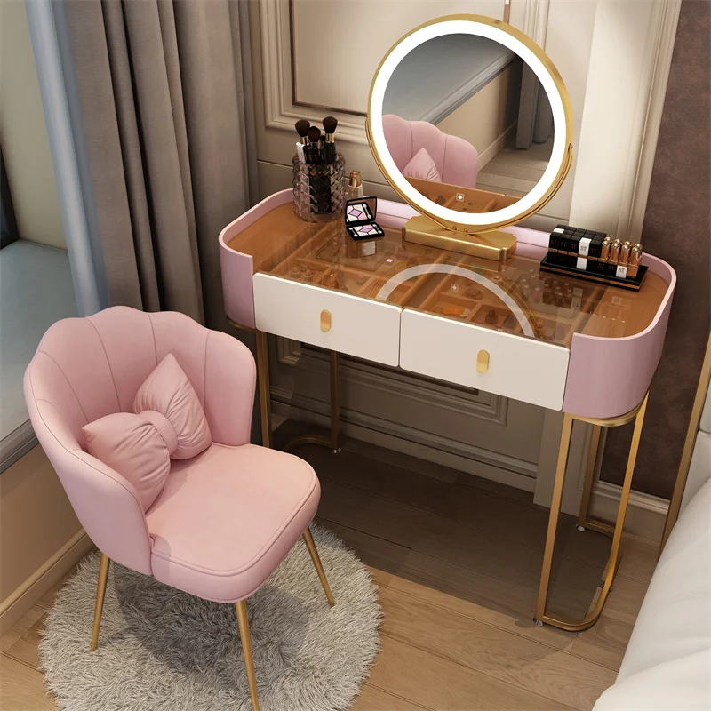 

Solid Wood Vanity Table With Drawers Desk Small Apartment Dressing Table INS Tempered Glass Dressing Table Bedroom Furniture Set