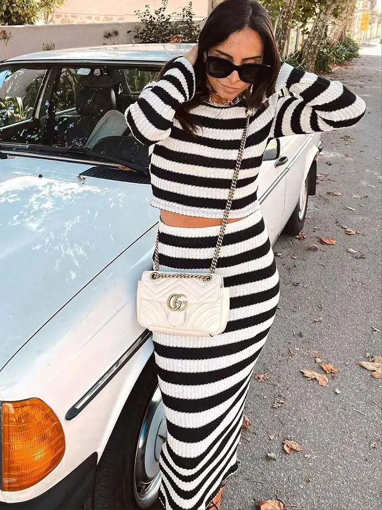 

TRAF Striped Knit Skirt Women High Waist Midi Skirts Woman Fashion 2022 Autumn Long Skirt Women Streetwear Y2K Woman Skirt Sets