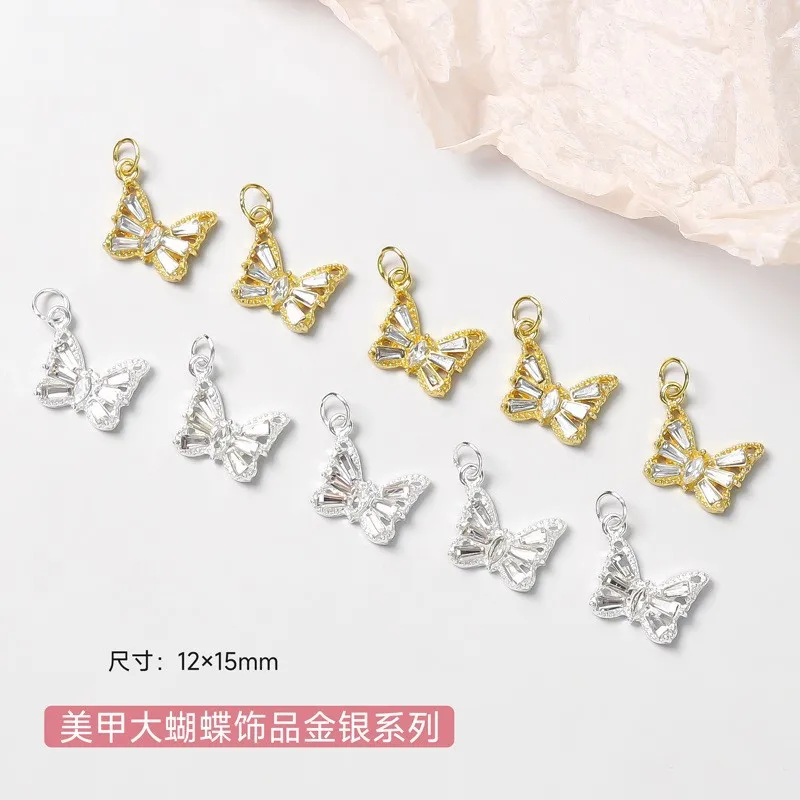 10Pcs Butterfly Nail Rhinestones Dangle Alloy 3D Gold&Silver Crystal Nail Piercing Dangle (12*15mm)Butterfly nail Piercing Decor