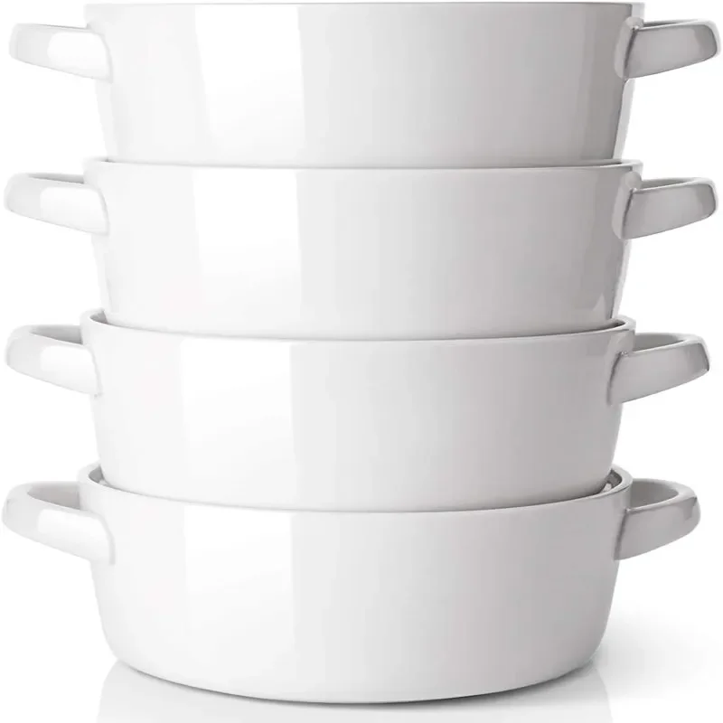 

Soup Bowls with Handles, 24 ounces Ceramic Serving Soup Bowl Set for kitchen, Large Stackable Handled Bowls Set of 4, White