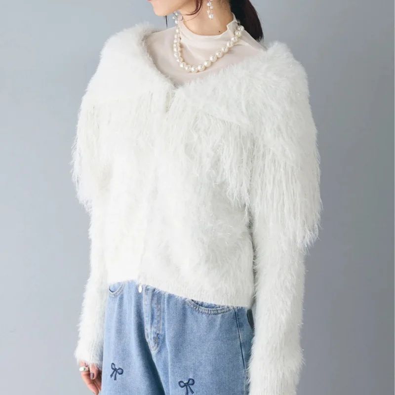 KUSAHIKI шикарная вязаная куртка с отложным воротником и кисточками повседневный